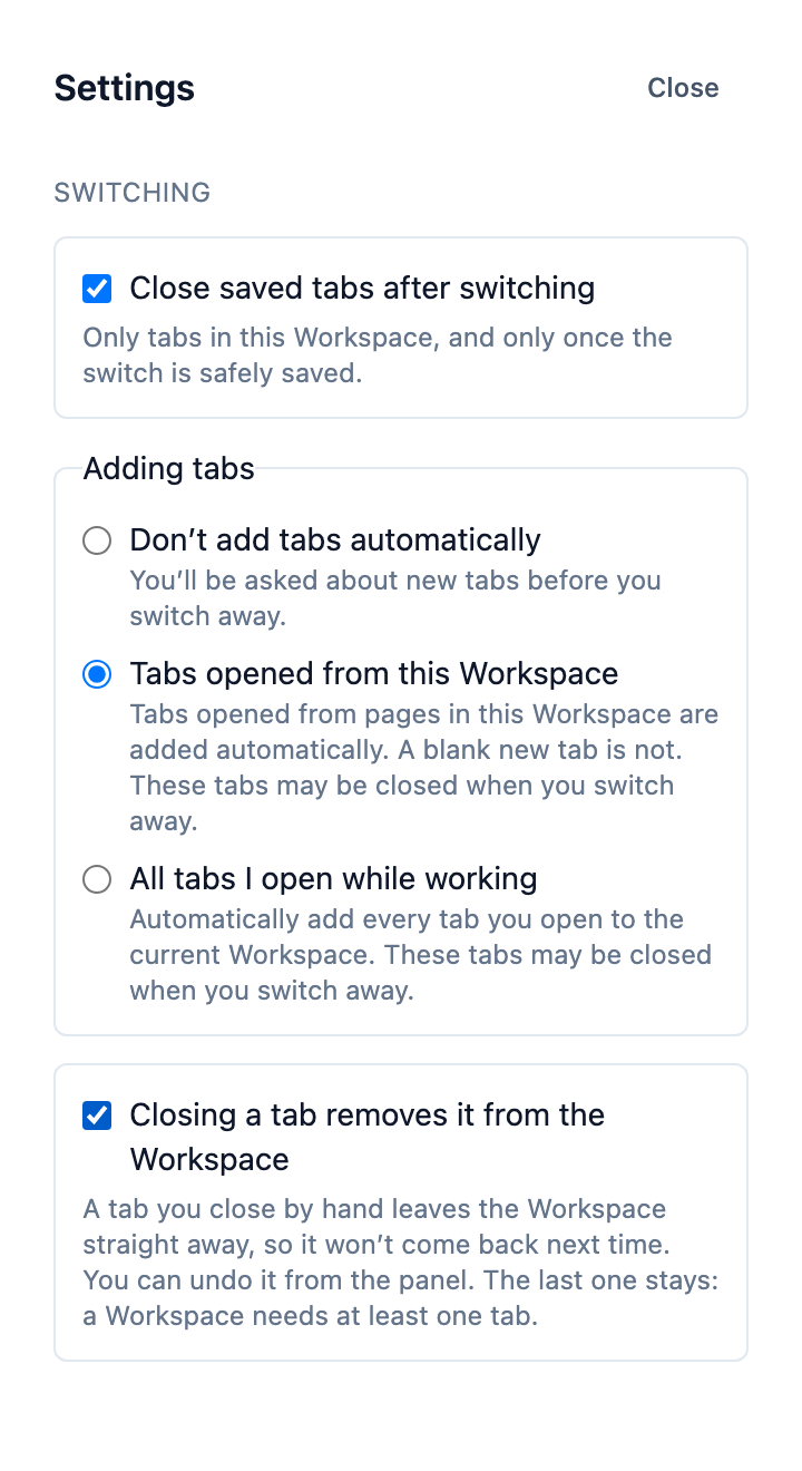 SwitchCue's Settings, showing the Switching section: a checkbox for closing saved tabs after switching, three choices for which new tabs join automatically, and a checkbox for whether closing a tab removes it.